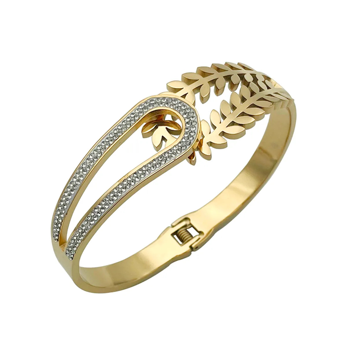 Elegant Leaves Stainless Steel Plating Inlay Rhinestones Gold Plated Bangle