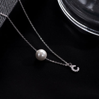 Elegant Letter Sterling Silver Inlay Artificial Pearls Zircon Necklace