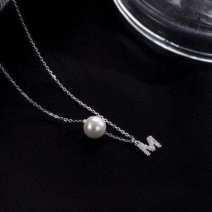 Elegant Letter Sterling Silver Inlay Artificial Pearls Zircon Necklace