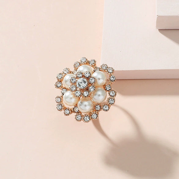 Elegant Light Luxury Alloy Pearl Flower Ring With Diamond Accents Open Adjustable Design For Unisex Wear