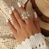 Elegant Light Luxury Alloy Pearl Flower Ring With Diamond Accents Open Adjustable Design For Unisex Wear