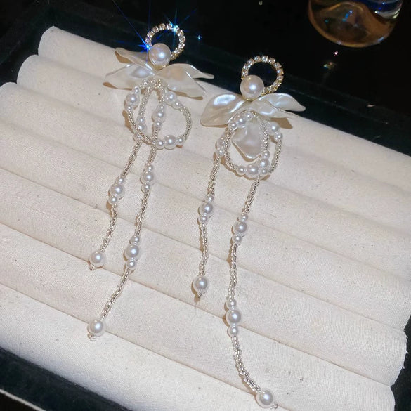 Elegant Light Luxury Alloy Pearl Long Tassel Geometric Earrings With Plants Flowers Style
