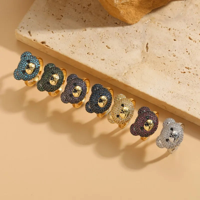 Elegant Luxurious Bear Copper 14k Gold Plated Zircon Rings In Bulk