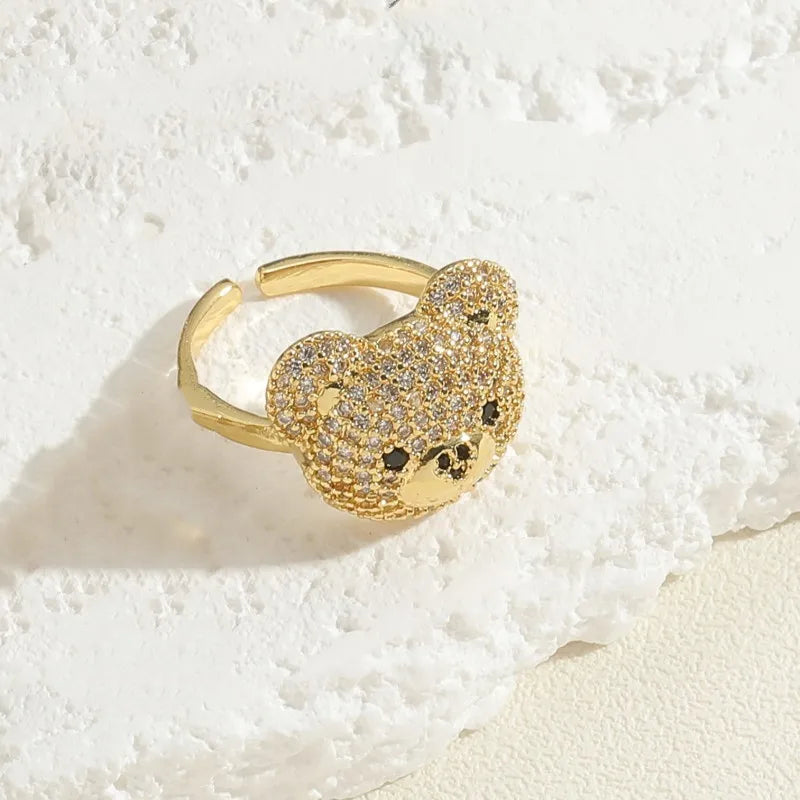 Elegant Luxurious Bear Copper 14k Gold Plated Zircon Rings In Bulk