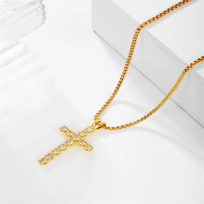 Elegant Luxurious Bridal Cross Copper Plating Inlay Zircon 18k Gold Plated Pendant Necklace