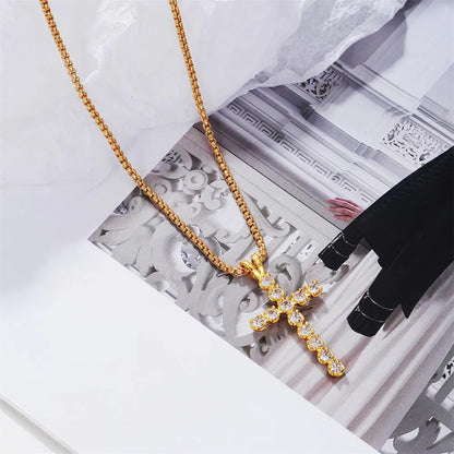 Elegant Luxurious Bridal Cross Copper Plating Inlay Zircon 18k Gold Plated Pendant Necklace