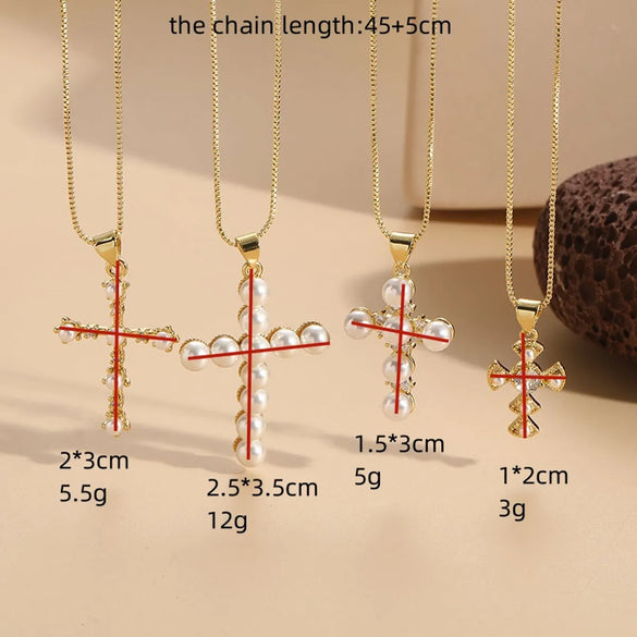 Elegant Luxurious Classic Style Cross Copper 14k Gold Plated Artificial Pearls Zircon Pendant Necklace In Bulk