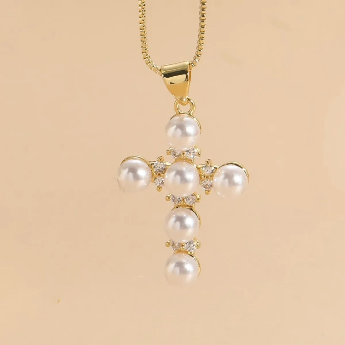 Elegant Luxurious Classic Style Cross Copper 14k Gold Plated Artificial Pearls Zircon Pendant Necklace In Bulk