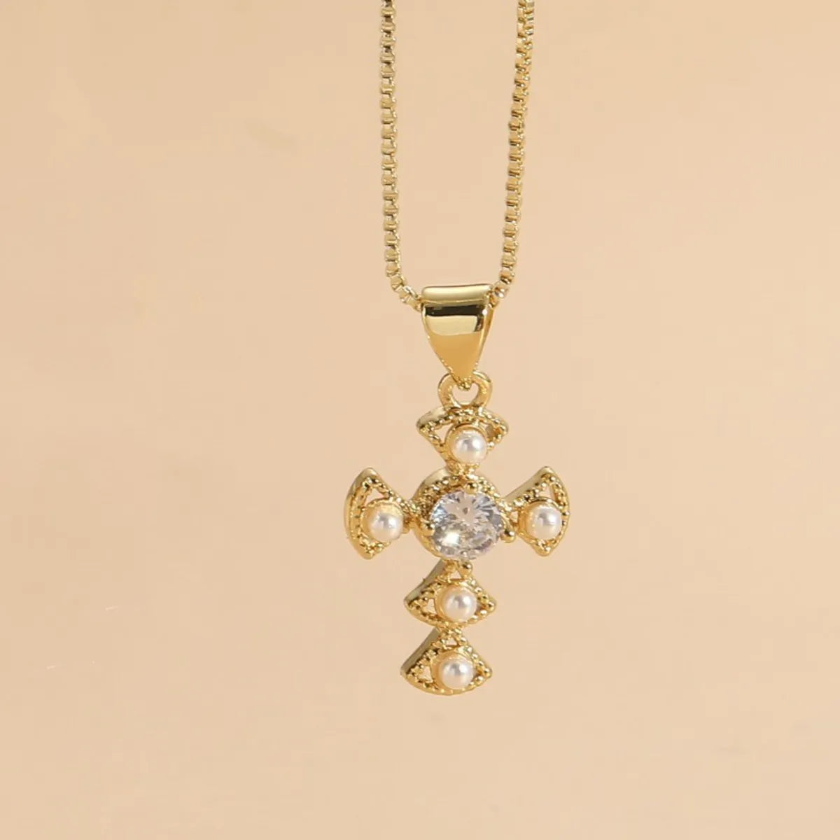 Elegant Luxurious Classic Style Cross Copper 14k Gold Plated Artificial Pearls Zircon Pendant Necklace In Bulk