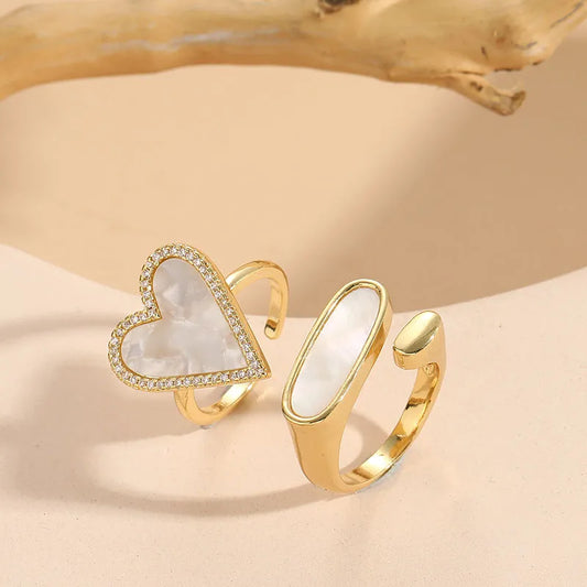 Elegant Luxurious Classic Style Heart Shape Copper Plating Inlay Shell Zircon 14k Gold Plated Open Ring