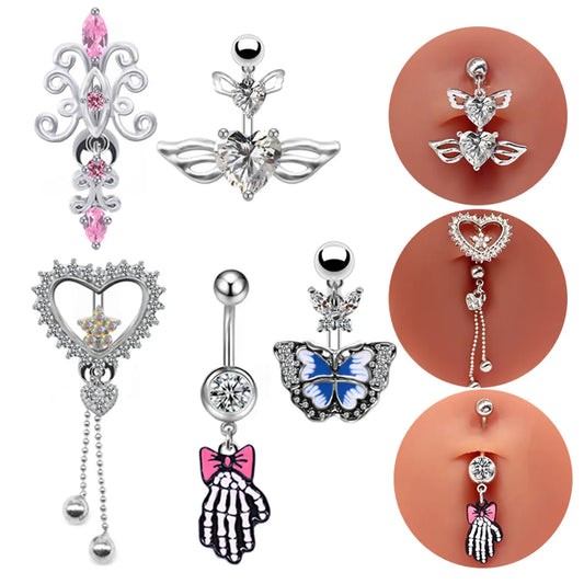 Elegant Luxurious Classic Style Heart Shape Wings Butterfly Stainless Steel White Gold Plated Rhinestones Glass Stone Zircon Belly Ring In Bulk