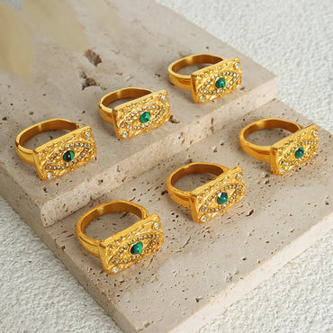 Elegant Luxurious Devil's Eye Square Titanium Steel Plating Inlay Turquoise Rhinestones Zircon 18k Gold Plated Rings Necklace