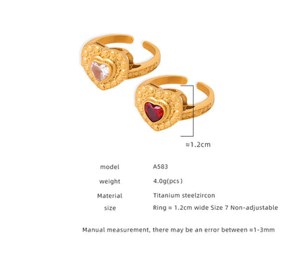 Elegant Luxurious Heart Shape Titanium Steel Plating Inlay Zircon 18k Gold Plated Open Rings