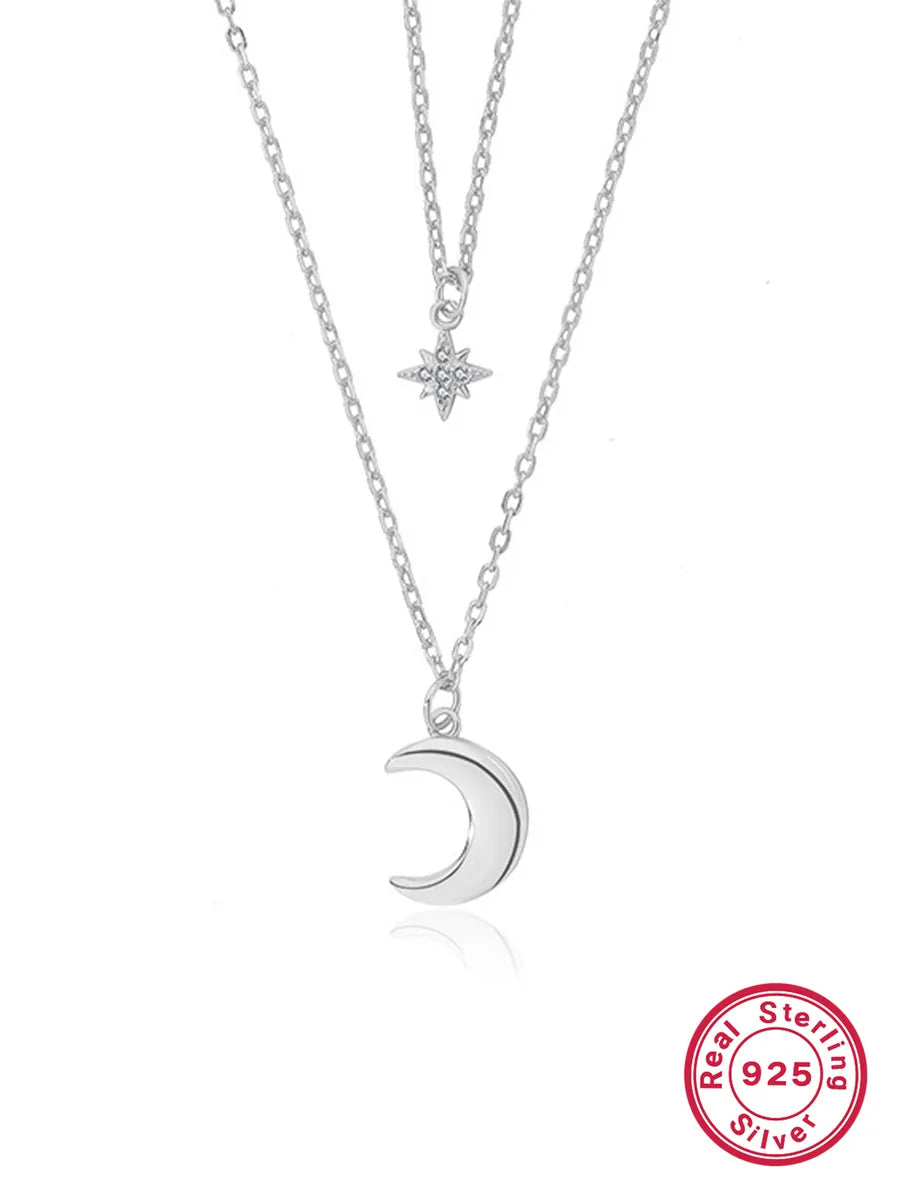 Elegant Luxurious Hexagram Star Moon Sterling Silver Plating Inlay Zircon 18k Gold Plated White Gold Plated Layered Necklaces