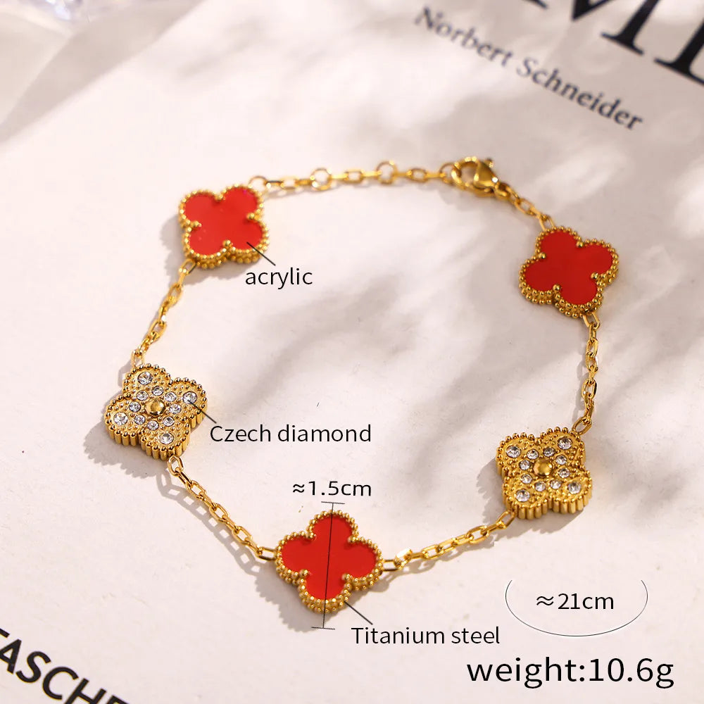 Elegant Luxurious Modern Style Four Leaf Clover Titanium Steel 18K Gold Plated Acrylic Shell Bracelets In Bulk