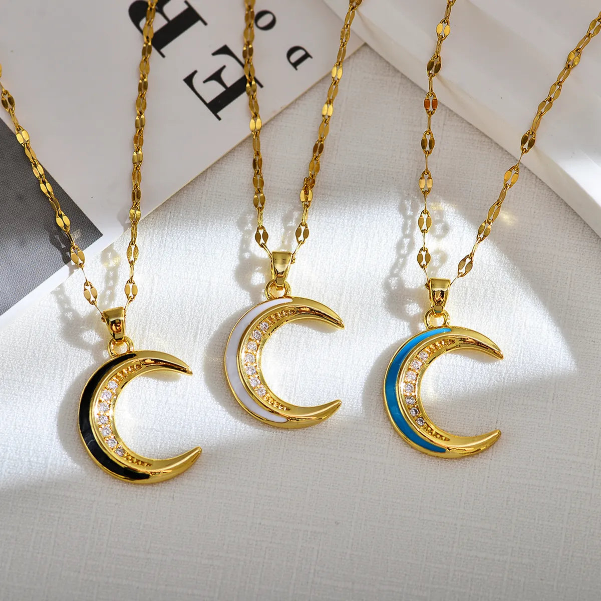 Elegant Luxurious Moon Titanium Steel Copper Enamel Plating Inlay Zircon 18k Gold Plated Pendant Necklace