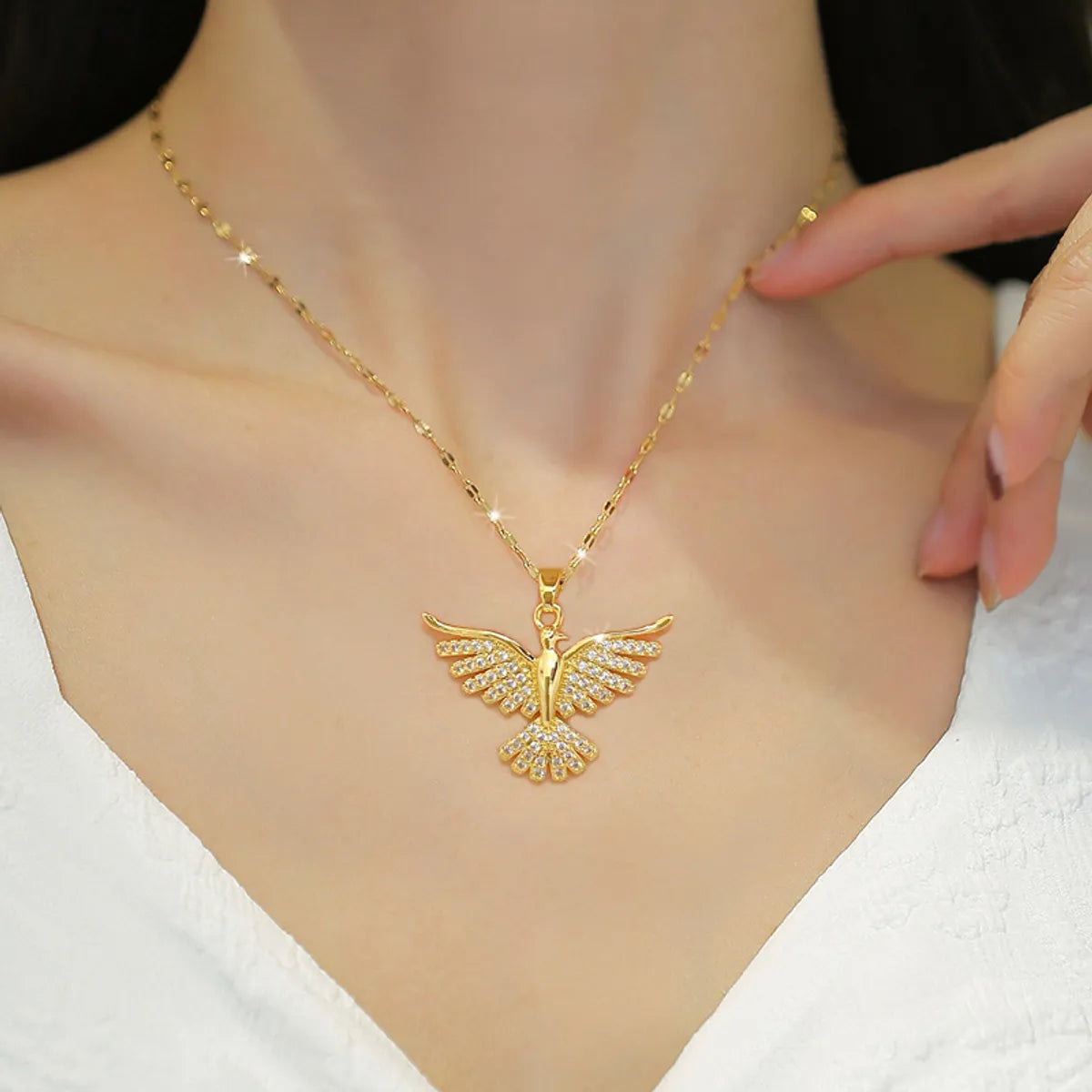 Elegant Luxurious Phoenix Stainless Steel Copper Plating Inlay Rhinestones Pendant Necklace