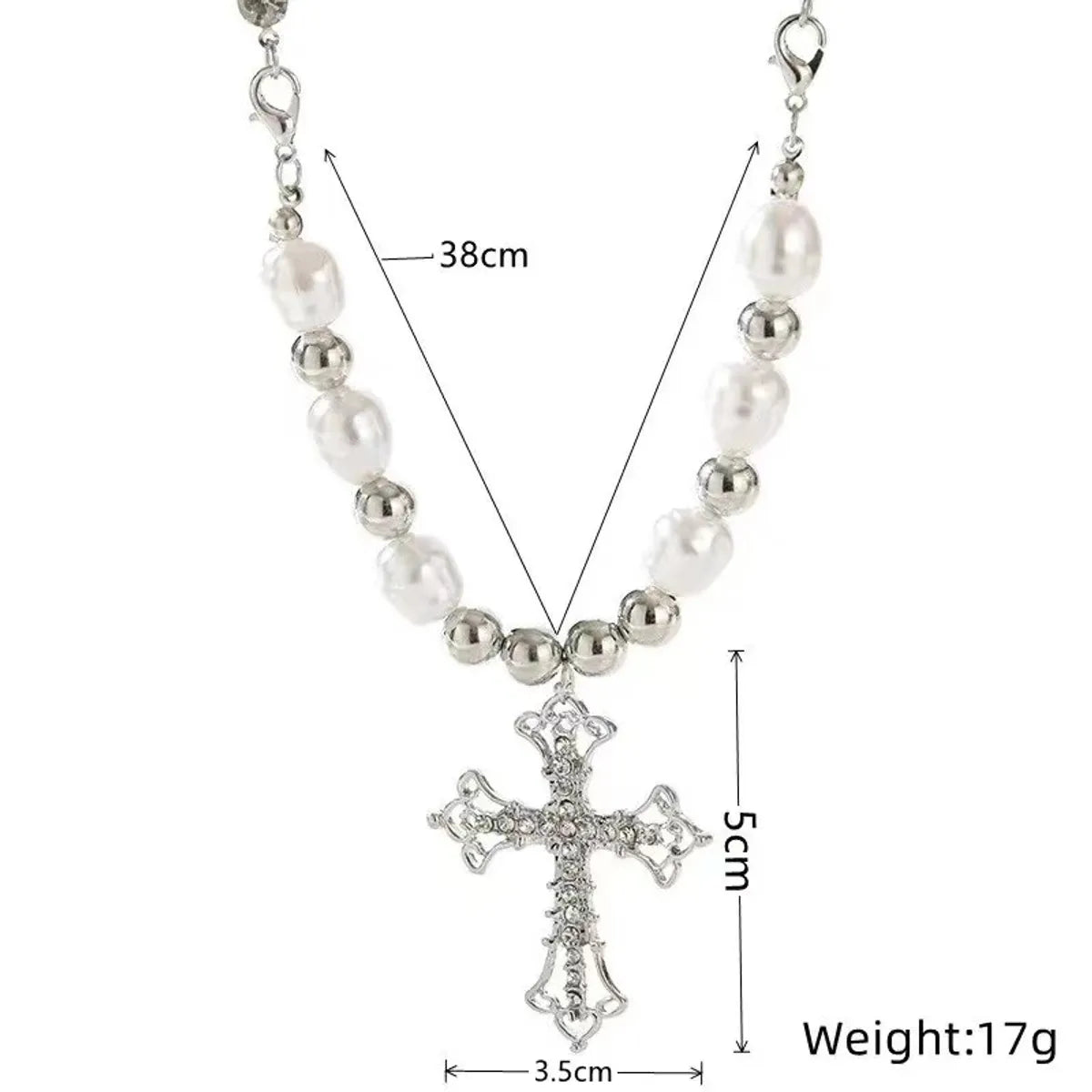 Elegant Luxurious Queen Cross Artificial Pearl Alloy Plating Hollow Out Inlay Rhinestones Silver Plated Women's Pendant Necklace