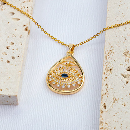 Elegant Luxurious Roman Style Oval Eye Stainless Steel Copper Plating Inlay Zircon 18k Gold Plated Pendant Necklace