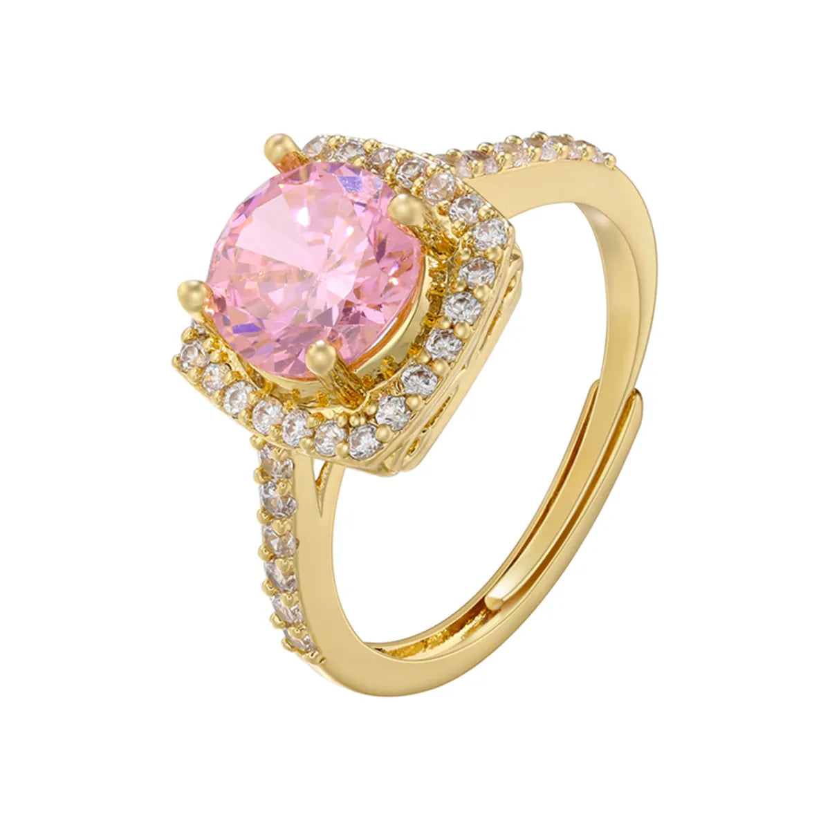 Elegant Luxurious Shiny Square Copper 18k Gold Plated Zircon Open Ring In Bulk