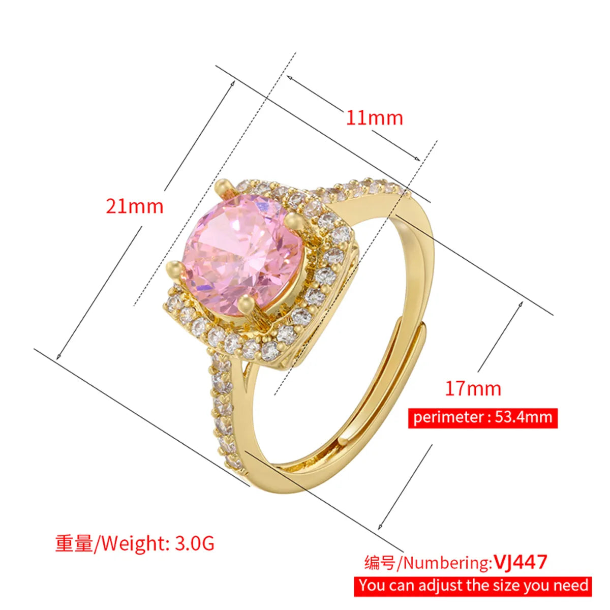 Elegant Luxurious Shiny Square Copper 18k Gold Plated Zircon Open Ring In Bulk