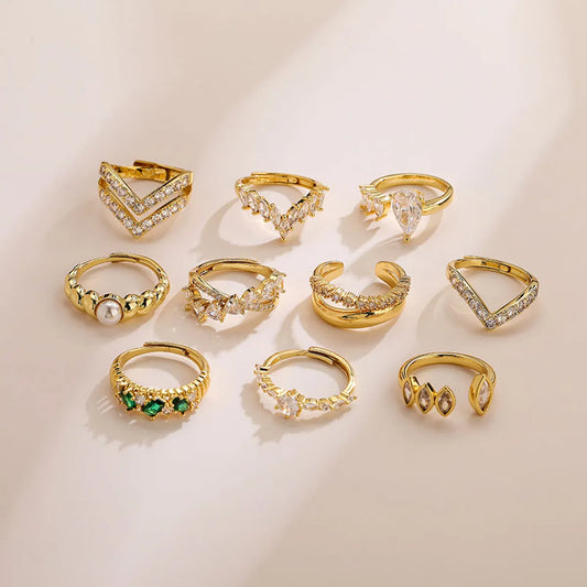 Elegant Luxurious Shiny V Shape Copper Plating Inlay Zircon 18k Gold Plated Open Rings