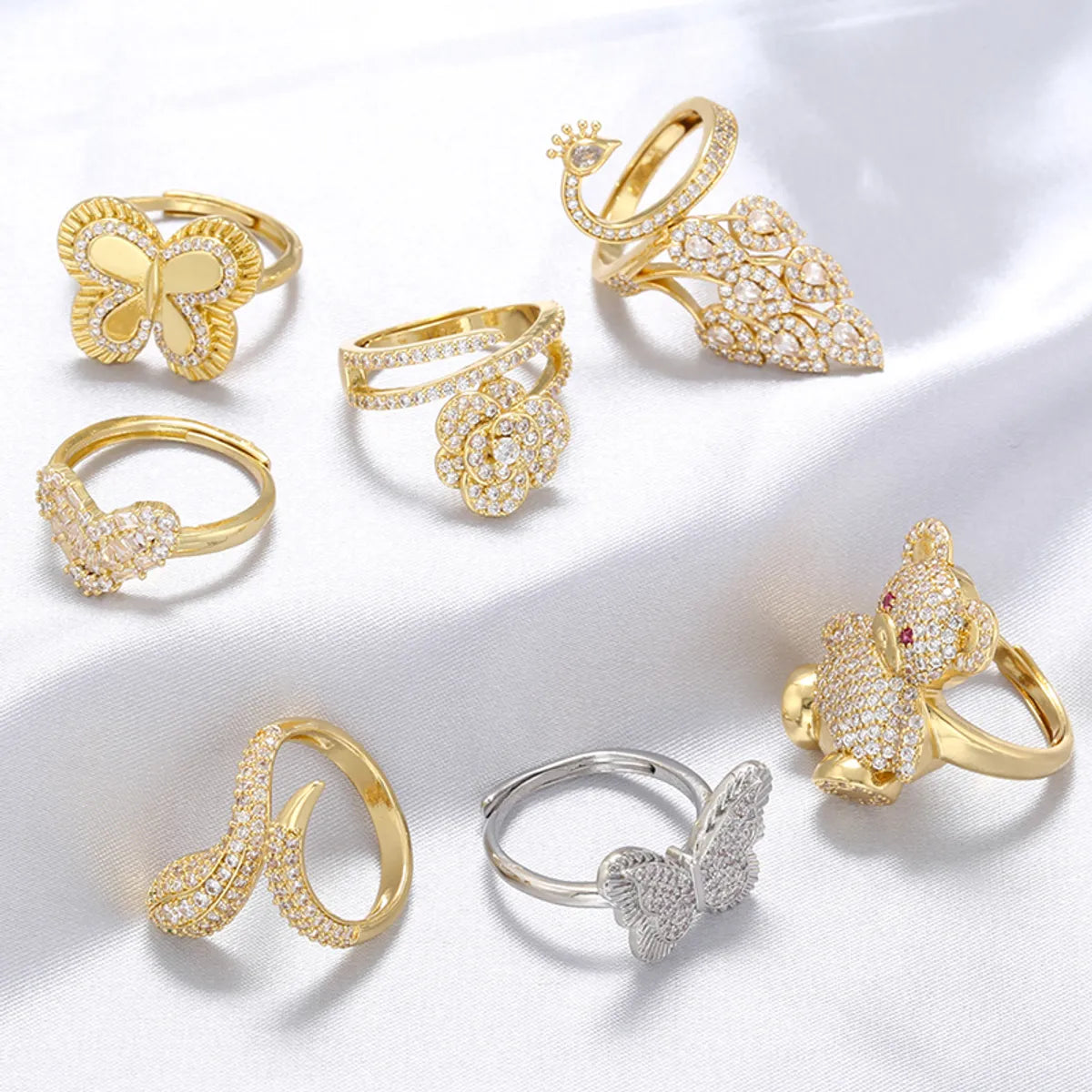 Elegant Luxurious Snake Butterfly Copper Plating Inlay Zircon 18k Gold Plated Open Rings