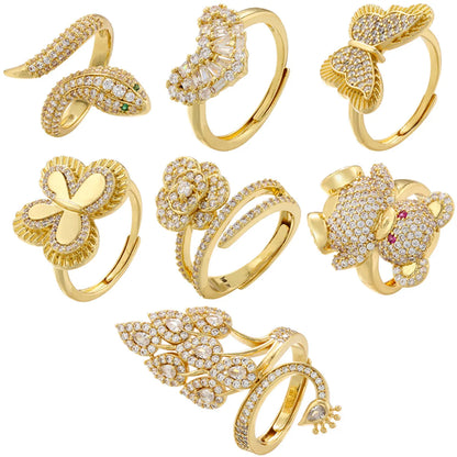 Elegant Luxurious Snake Butterfly Copper Plating Inlay Zircon 18k Gold Plated Open Rings