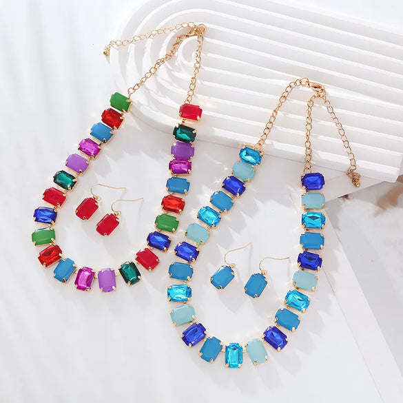 Elegant Luxurious Square Alloy Plating Inlay Glass Gold Plated Women'S Earrings Necklace