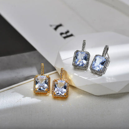 Elegant Luxurious Square Copper Inlay Carving Zircon Earrings Necklace