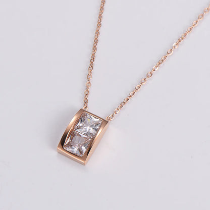 Elegant Luxurious Square Stainless Steel Inlay Artificial Diamond Pendant Necklace