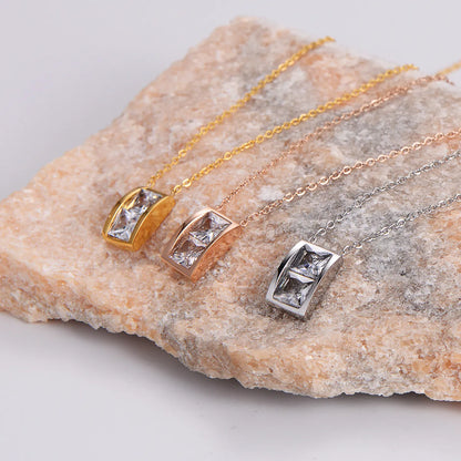 Elegant Luxurious Square Stainless Steel Inlay Artificial Diamond Pendant Necklace