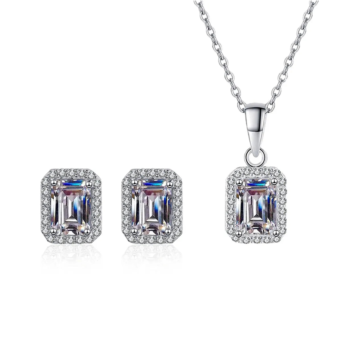 Elegant Luxurious Square Sterling Silver Inlay Zircon Women's Earrings Necklace