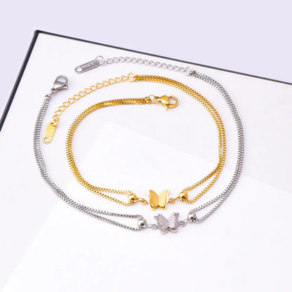 Elegant Luxurious Sweet Butterfly Titanium Steel Inlay Rhinestones 18K Gold Plated Women'S Anklet