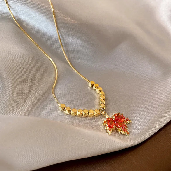 Elegant Maple Leaf Alloy Titanium Steel Inlay Zircon Women'S Rings Necklace