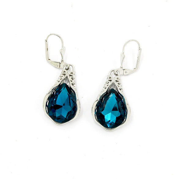 Elegant Metal Drop Shape Earrings With Hollow Design In Navy Blue Topaz Classical Palace Style