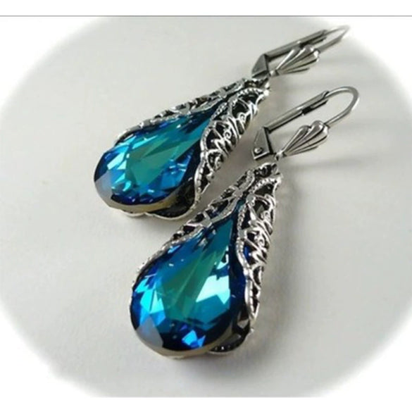 Elegant Metal Drop Shape Earrings With Hollow Design In Navy Blue Topaz Classical Palace Style