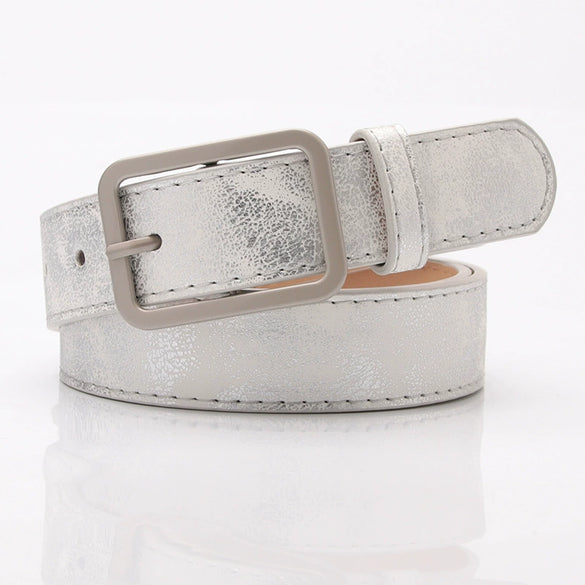 Elegant Minimalist Women’s Imitation Leather Belt With Shiny Alloy Buckle Fashion All Match Jeans And Pants Decorative Belt
