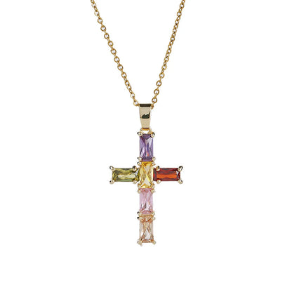 Elegant Modern Style Cross Copper Zircon Pendant Necklace In Bulk