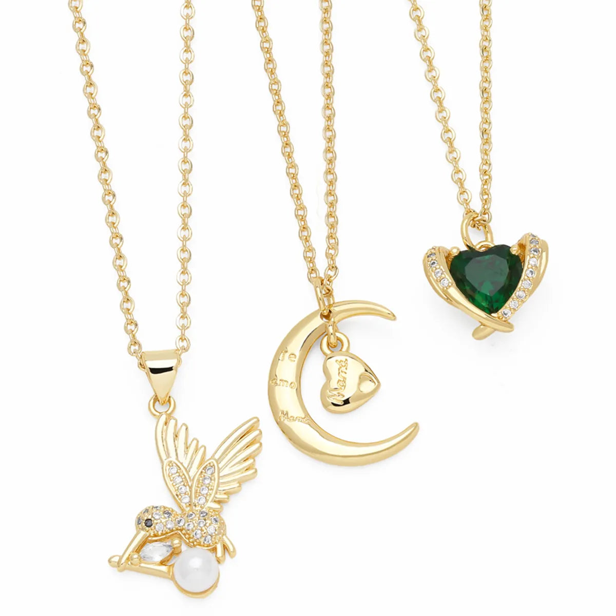 Elegant Modern Style Moon Heart Shape Bird Stainless Steel Copper Plating Inlay Zircon 18k Gold Plated Pendant Necklace