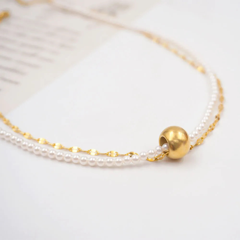 Elegant Modern Style Round Gold Plated 304 Stainless Steel Imitation Pearl Titanium Steel Wholesale Double Layer Necklaces