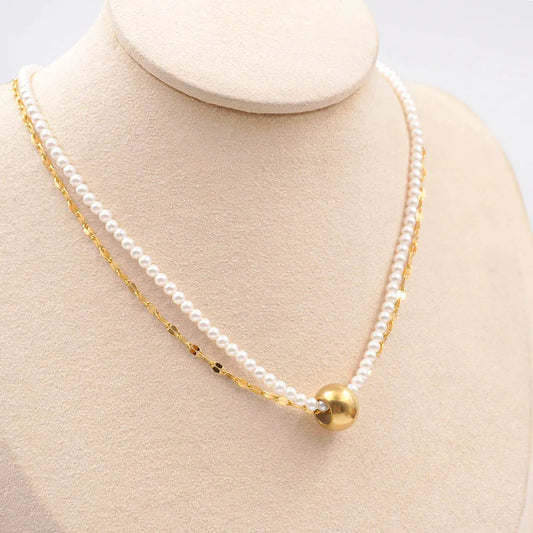 Elegant Modern Style Round Gold Plated 304 Stainless Steel Imitation Pearl Titanium Steel Wholesale Double Layer Necklaces