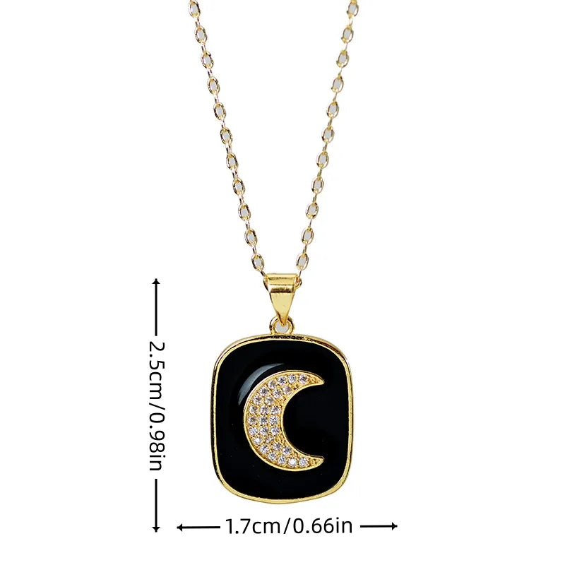 Elegant Moon Copper Enamel Plating Inlay Zircon Gold Plated Pendant Necklace