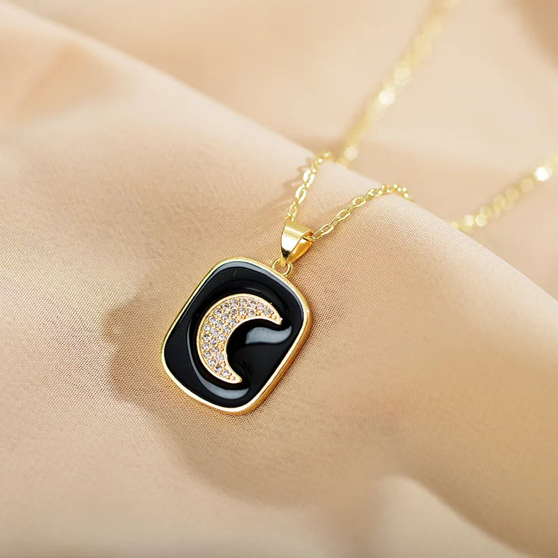 Elegant Moon Copper Enamel Plating Inlay Zircon Gold Plated Pendant Necklace