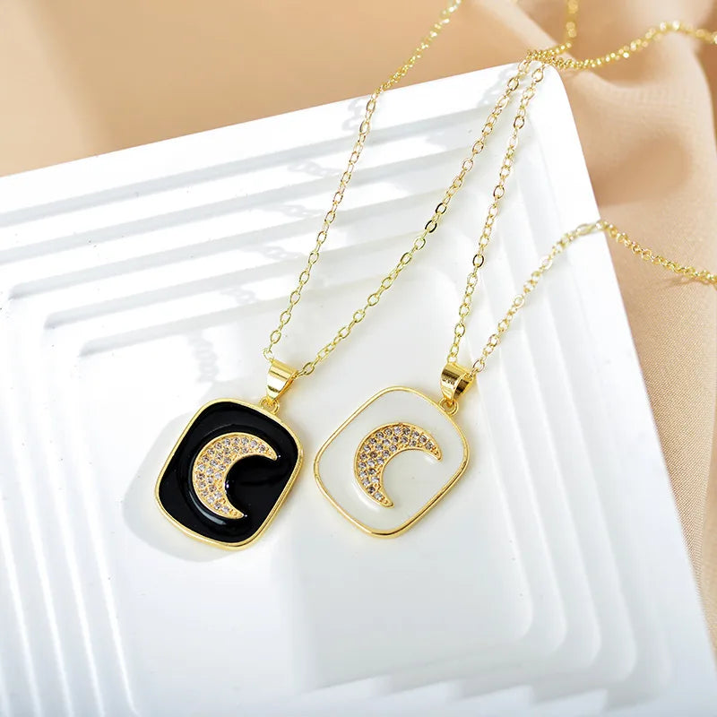 Elegant Moon Copper Enamel Plating Inlay Zircon Gold Plated Pendant Necklace