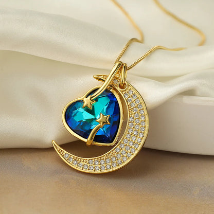 Elegant Moon Heart Shape Copper Plating Inlay Zircon 18k Gold Plated Pendant Necklace