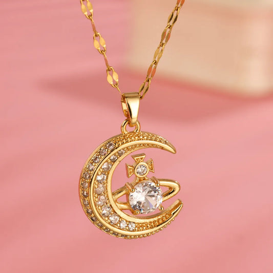 Elegant Moon Stainless Steel Plating Hollow Out Inlay Zircon 18k Gold Plated Necklace