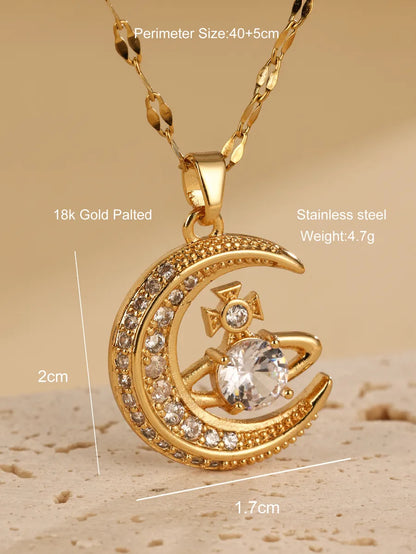 Elegant Moon Stainless Steel Plating Hollow Out Inlay Zircon 18k Gold Plated Necklace