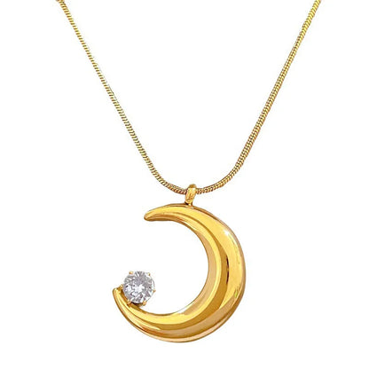 Elegant Moon Titanium Steel Plating Inlay Zircon Pendant Necklace