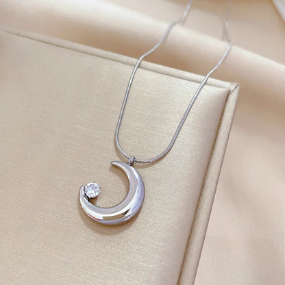 Elegant Moon Titanium Steel Plating Inlay Zircon Pendant Necklace